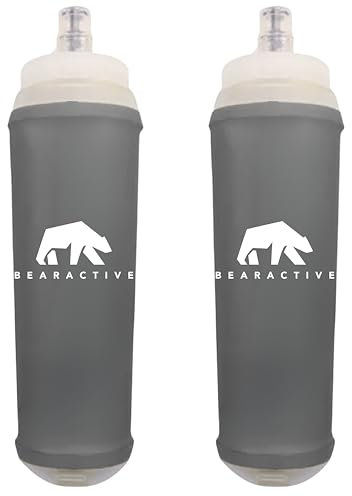 Bearactive 2 x Lightweight Running Water Bottle Soft Flask 500ml - TPU BPA Free Plastic, Leak Proof Foldable Water Bottle, Collapsible Water Bottle for Running Vests and Belts (Black, 2 Pack - 500ml)