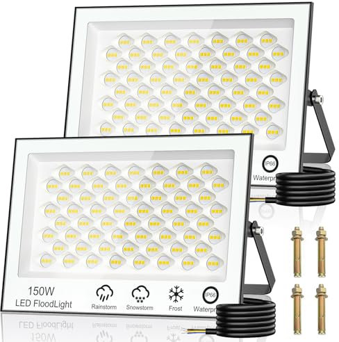 Wowspeed 150W LED Strahler Außen, 15000LM Superhell, 6500K Kaltweiß Außenstrahler, IP66 Wasserfest Scheinwerfer für Hinterhof, Auffahrt, Garage, Flur, Garten - 2 Stück