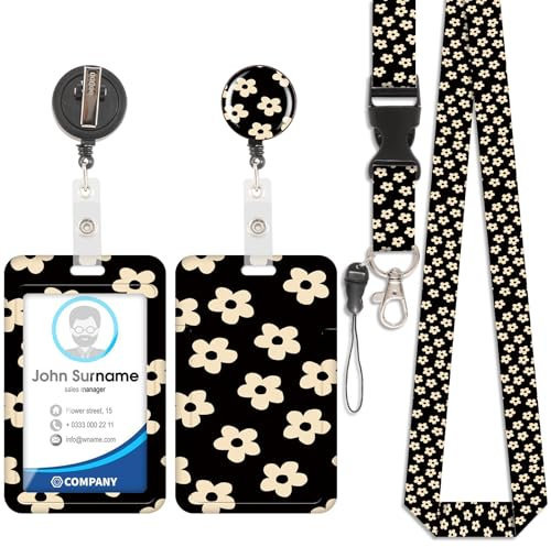 Weiße kleine Blume Lanyard Kartenhalter, ID-Ausweis, Lanyard Kartenhalter, abnehmbare Schnur mit einziehbaren Clip für Schlüsselbund, Visitenkarte, Türkarte, ID-Karte