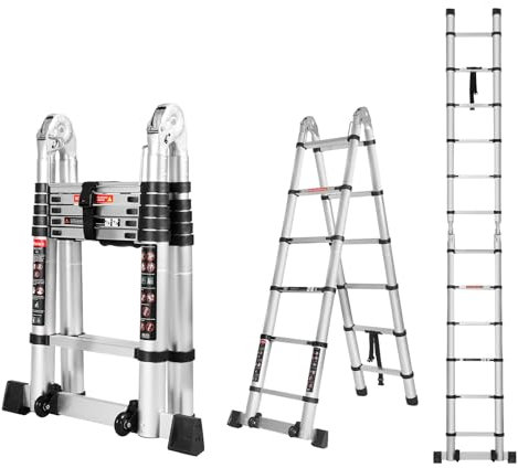 Wolec Teleskopleiter mit Rahmen, 32 m, Ausziehleiter mit Balancestange und Rädern, Leiter A Rahmen, 150 kg Kapazität, zusammenklappbare Leiter, Verlängerungsleiter für Outdoor/Zuhause/Arbeiten, Silber