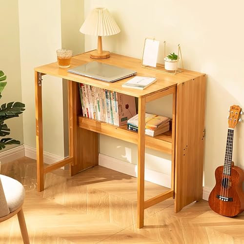 Table Pliante en Bambou Naturel, Bureau Extensible pour Petit Espace avec Huche, Convient pour l'Étude et le Travail (Couleur Originale 80cm/31.5i)