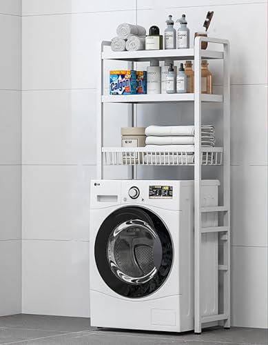 Multifunctional Home Space-Saving Storage Rack Practical Washer Dryer Storage Rack Carbon Steel Material with Strong Load-Bearing Capacity Bathroom Storage Holder White,139CM