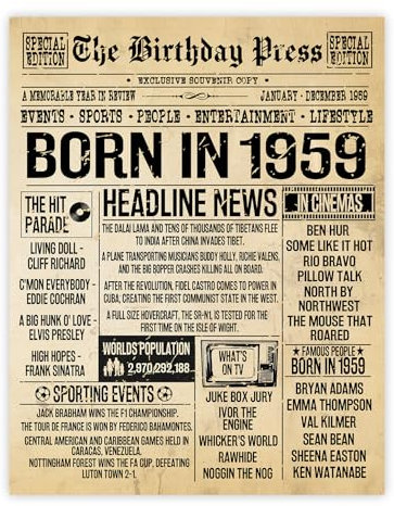 Stuff4 Poster zum 66. Geburtstag, ungerahmt – Born in 1959 Vintage-Zeitung – Happy 66th Birthday Geschenke für Frauen und Männer, Retro Back in 1959, 20,3 x 25,4 cm, sechzig sechzig Dekoration,