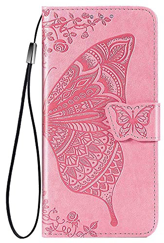 WBWONE para OPPO A40 4G Funda, Flip Mariposas Carcasa Magnética con Soporte y Cartera para Tarjetas, Premium PU/TPU Cuero Case Cover Billetera. Rosa