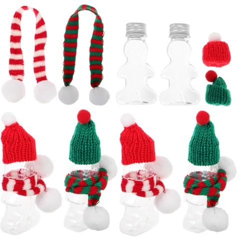 Generisch 10 Stück Lebkuchenmann-saftflasche, Weihnachts-lebkuchenmann-trinkflasche Mit 10 Stück Mütze Und Schal, Weihnachts-saftflaschen Aus Kunststoff Mit Deckel, Durchsichtige