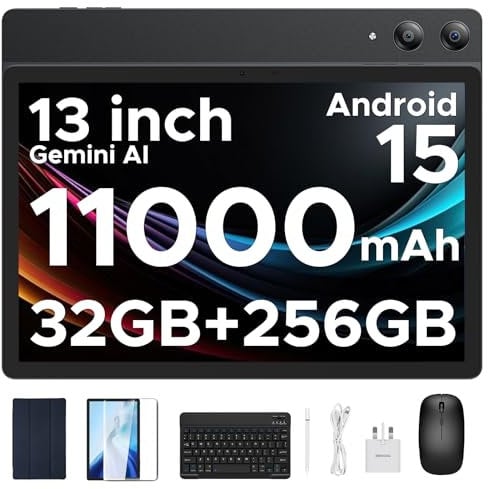 DOOGEE TAB E3 Pro Android 15 Tablet 13 Inch, 11000mAh Big Battery, 32GB RAM 256GB ROM, Helio G100 Octa-Core, Ultra-Slim 7.9mm Metal Body, Dual SIM Slot, Tablet with Keyboard and Pen/Mouse/Case (Black)