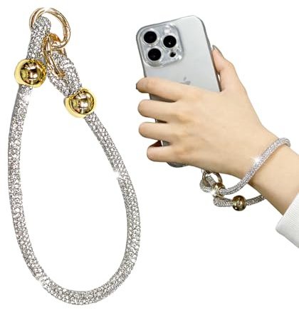Ysnzaq Laccio Telefono Universale con Strass, Cinturino Polso Staccabile Scintillio e Patch Telefono, Catena per Cellulare,Ciondolo Corto Portachiavi per iPhone, Samsung e Smartphone-DSS Argento corto