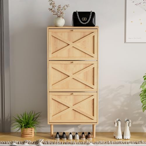 VDNEND Schuhschrank Holz Schmal & Hoch mit 3 Klappschubladen, Schuhkipper Platzsparender Schuhregal mit Verstellbares Regal, Freistehender Schuhorganisator für Flur, 25T x 60B x 133H cm