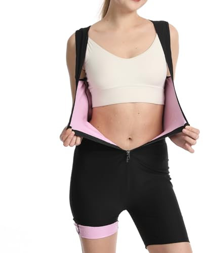 Tuta da sauna da donna con cerniera frontale nera all'esterno e rosa all'interno, gilet per la perdita di peso, gilet fitness per controllo della pancia, Esterno nero, interno rosa, M