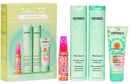 amika inner strength routine set - includes the kure strength repair sulfate free shampoo + hair conditioner + travel size hair mask + the wizard silicone-free detangling primer (4 pieces)