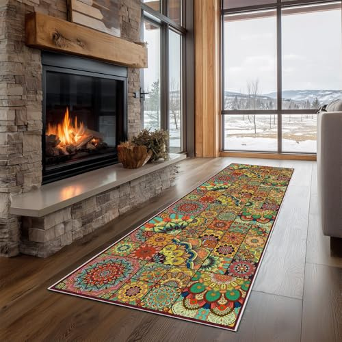 Dppyuxa Teppich Läufer Flur Boho Mandala Lang Waschbar und rutschfest | Blumen Patchwork Küchenläufer Psychedelisch Geblümt Flurteppich für Küche & Eingangsbereich 60x150 cm