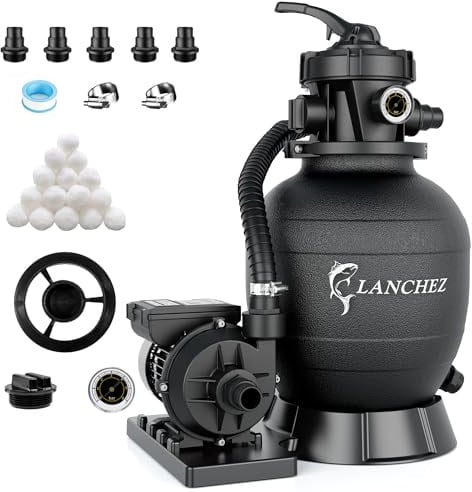 LANCHEZ Sandfilteranlage 11.500 L/h, 7-Wege-Ventil, 24h Zeitschaltuhr, 200g Filterbälle, Sandfilterkessel für Pool, Tankvolumen Maximal 10 kg Sand, 2in1 Adapter Ø32mm-38mm