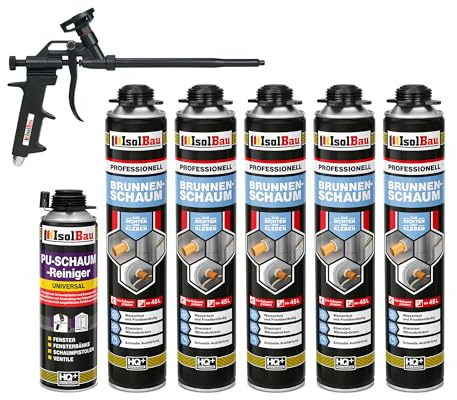 Isolbau - Brunnenschaum 1K Bauschaum Wasserdicht Aussen und Innen - 5 x Montageschaum 750 ml, 1 x PU-Schaum-Reiniger & 1 x Schaumpistole - PU-Schaum - Pistolenschaum Dämmschaum Isolierschaum