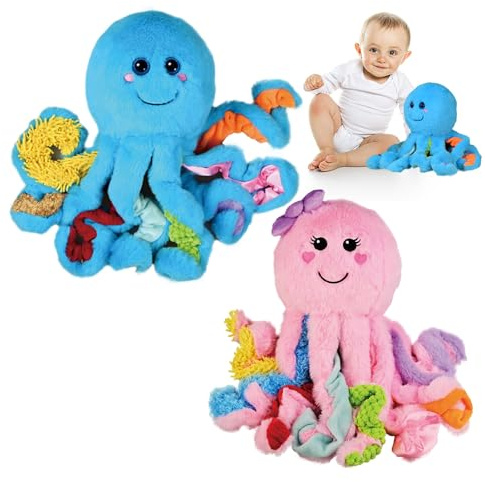 Omuyasi Octopus Kuscheltier mit 8 Texturierte Tentakel Blau + Rosa, Baby Spielzeug ab 1 Jahr, Sensorik ADHS Autismus Spielzeug