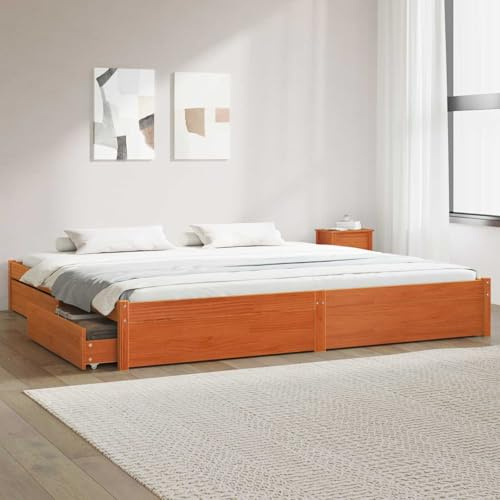 QUAHEAS Bettrahmen Wachsbraun 180x200cm Massivholz Kiefer, Stauraumbett mit 4 Rollschubladen, Robustes Plattformbett für Schlafzimmer, langlebiges Doppelbett