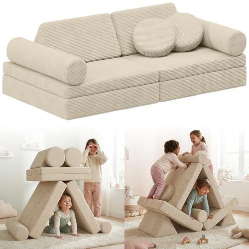 Bellabino Nile Kindercouch 8-TLG., Armlehnen, Beige, Cord, Schlaffunktion | Spielesofa aus Schaumstoff Bausteinen, modular, klappbare Spielcouch, waschbar, Kuschelecke Sofa, Kindersofa, Kinderzimmer