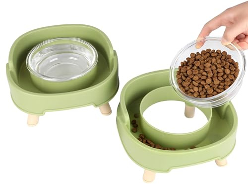 2pcs Raised Cat Bowls with Deep Moat Stand, Non-Spill & Non-Skid | Green Cat Feeding Bowl, Stress Neck Free, Removable Glass Food and Water Dishes for Cats and Small Dogs