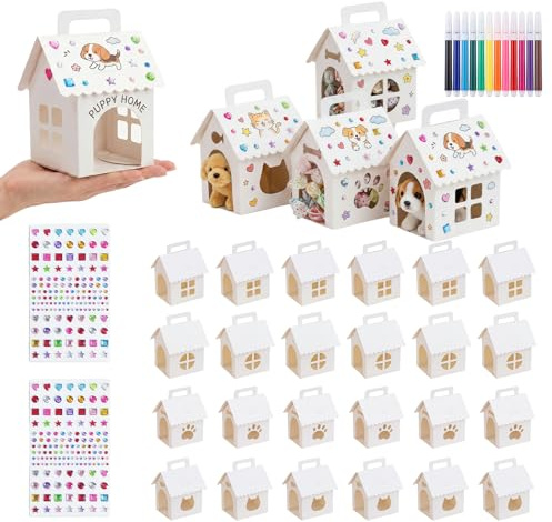 24 Stück Papphaus zum Bemalen, Adoptiere einen Hund Party Partygeschenke | DIY Bastelset Basteln Bemalen Kindergeburtstag Geschenkboxen mit 12 Stife, 2 Sticker, Hundehütte Pappe Kindergeburtstag