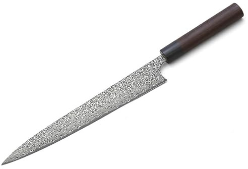 Damast Profi-Messer YANAGIBA Kurosome Yoshimi Kato. Klingen-Länge 27cm. VG-10 Schneidkern, 30 Lagen Damast, hand-geschmiedet. Runder Echt-Holz-Griff aus hochwertigem Rosenholz-Palisander