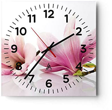 Modern Wanduhr Magnolie blume natur pflanze 40x40cm Quadrat Groß Wand Uhr Glas Analog Zimmeruhren Küche Büro Wohnzimmer Glasuhr Wall Clock Dekoration Design Wanddekoration Küchenuhr C4AC40x40-2641