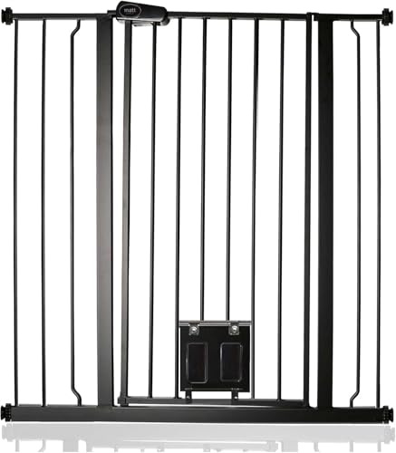 Bettacare Pet Gate with Lockable Cat Flap, 94.3cm - 101.9cm, Black, 104cm in Height, Extra Tall Dog Safety Barrier with Cat Flap, Easy Installation