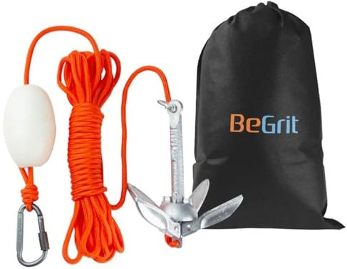BeGrit Small Boat Anchor Kit Folding Grapnel Anchor Carbon Steel for Canoe Jet Ski SUP & Paddle Board 1.5 lb with 32.8 ft Anchor Tow Rope Carrying Bag