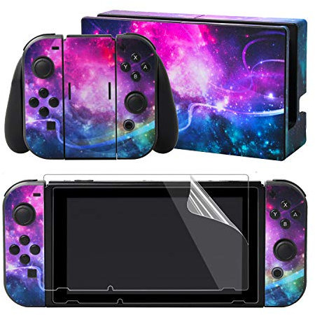 eXtremeRate Aufkleber Sticker Skin Decal Folie Abziehbild Faceplates Kleberfolie mit 2 Displayschutzfolie für Nintendo Switch/NS Konsole&Joy-Con&Dock&Griff(Leuchtende Galaxie)
