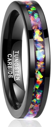 VAKKI Ring für Damen/Herren, schwarz, farbig, synthetischer Opal, mit Wolframkarbid, Schwarz, Hochzeitsband, bequem, Größe 49 bis 67 (15,6 – 21,3)