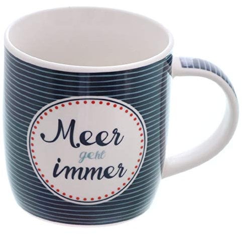Dio Becher 'Meer geht immer', blaue Streifen mit Emblem, 365 ml Fassungsvermögen, Porzellan, ca. 8,5 Ø x 9 cm H