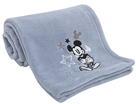 Disney Mickey Mouse - Timeless Mickey Baby Blue Super Soft Coral Fleece Baby Star Blanket, Light Blue, Black, White