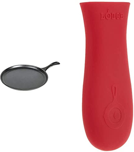 Lodge 26.67 cm / 10.5 inch Pre-Seasoned Cast Iron Round Griddle/Pancake Pan, Black & Classic Silicone Hot Handle Holder, Red
