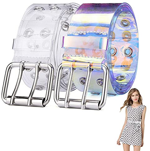 FANCYWUXI Punk Gürtel Jeans Damen Frauen Jeans Gürtel Breiter Gürtel Mode Pvc Breite Frauen Transparente Gürt Damenmode Gürtel Transparente Holographic Für Frauen Mädchen Punk Gürtel Damen(2 Stücke)