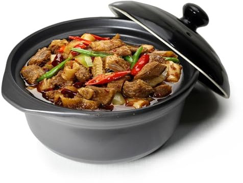 Kasserolle, Tontopf, hitzebeständig, Premium-Keramik-Schüsseln, Deckel, Kochen, Suppe, Schwarz, 1,8 l