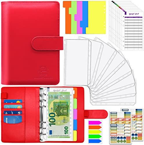 Aocii Budget Planner, Budget Binder A6, Geld Organizer, Bugetplaner mit Folien, Finanzplaner, Haushaltsbuch mit Geldfächer Umschlagmethode, Cash Stuffing Set mit Magnetschnalle (Rot)