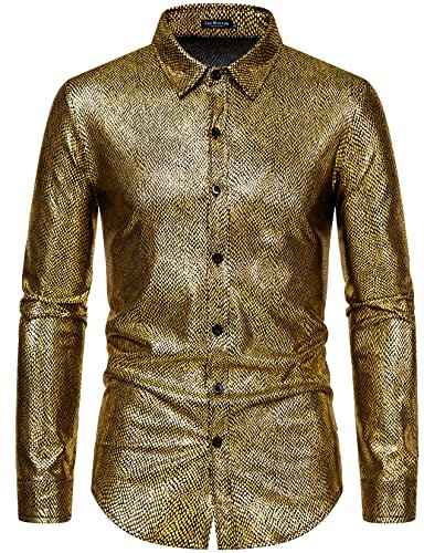 LucMatton Men's Shiny Metallic 70s Disco Costume Long Sleeve Button up Shirts for Halloween Cosplay Club Rock Hip Hop Party Gold XX-Large