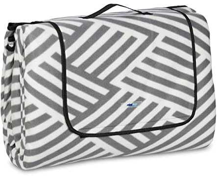 Relaxdays XXL Picknickdecke, 300x300 cm, isoliert, wasserdicht, Fleece Stranddecke, Tragegriff, Zickzack, weiß/grau