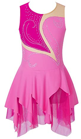 TTAO Gymnastikanzug Kinder Mädchen Ärmellos Eiskunstlauf Kleid Ballettkleid Turnanzug Ballettröckchen Kleid Trikotanzug Training Gymnastikbody Rose Pink C 146-152
