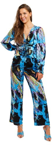Liquorish Women's Multicolour Abstract Print Jumpsuit with Ruched Front and Long Sleeves Playsuits, 12