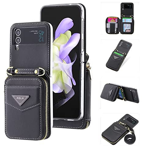 Jeelar ESONG LederHülle für Samsung Galaxy Z Flip 3 Tasche,Reißverschluss Brieftasche Schutzhülle mit Band/Kartenfäche/ständer,Z Flip 3 Wallet Cover Case Stoßfeste Handyhülle für Frau/Damen-Schwarz