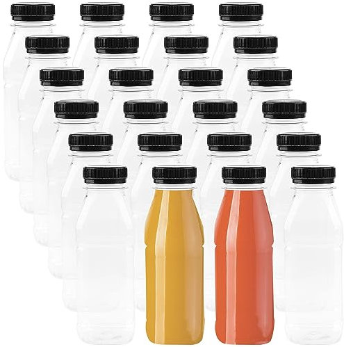 DAKFOOK 24 PCS 350ml Clear Plastic Juice Bottles with Black Lids, 12oz Reusable Clear Drink Containers for Juice, Empty Juicing Bottles Smoothie Containers, Milk and Other Beverages