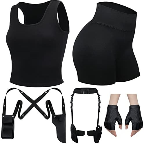 Jiuguva 5-teiliges Halloween-Oberschenkelholster-Kostüm mit schwarzem Racerback, ärmellos, bauchfrei, Tank-Tops, Laufshirt, Spandex-Shorts für Damen, Halbfinger-Handschuhe, Fallbein, Pistolenholster,