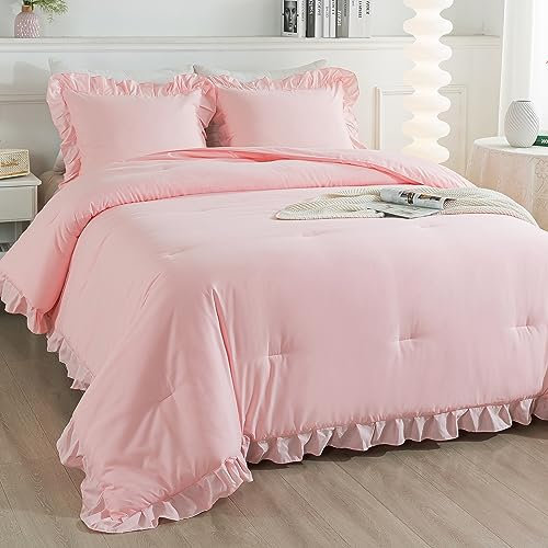 Andency Rosa Rüschen-Bettwäsche-Set für King-Size-Betten, 3-teilig, einfarbig, Landhausstil, Shabby-Chic-Stil, Vintage, rustikal, leicht, weiche Mikrofaser, für alle Jahreszeiten (271 x 228 cm)