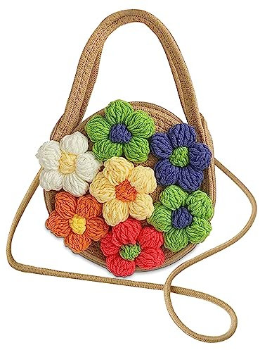 WisePoint Runde gewebte Tasche, Baumwollhandtaschen für Frauen, Nette Strandtasche Umhängetasche mit bunten gewebten Blumen, Modische Crossbody Tasche für Parteien, Strände (braun)