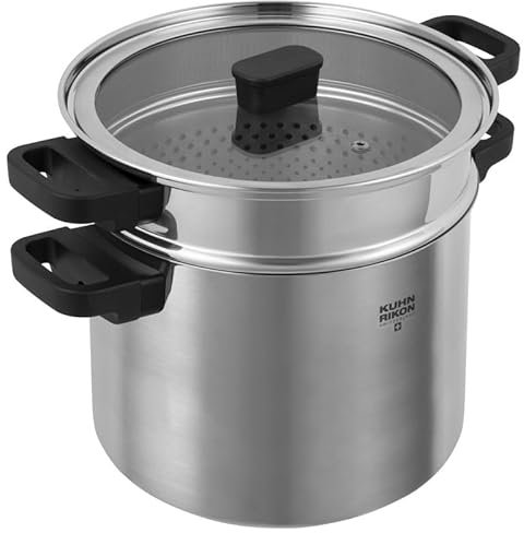 Kuhn Rikon Locarno Pasta Pot with Insert, 22cm/6.5L Oven Safe Stainless Steel Pan. Dishwasher Safe Pot with Glass Pan Lid. Pasta Dish for Induction Hobs - Lifetime Kuhn Rikon Cookware Guarantee