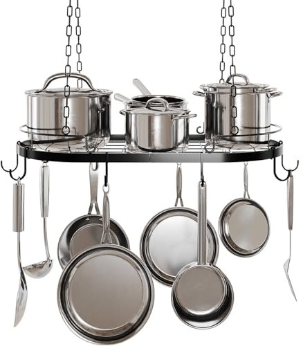 TICKCACY 24.4” Metal Pot Rack Hanging, Oval Pan Rack Hanging with Hooks, Heavy Duty Ceiling Pot Rack with Grid, Pot and Pan Hangers for Kitchen Cookware Utensils Toiletries, Easy Assembly, Black