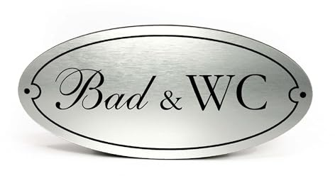 Bad & WC Schild Kunststoff Gold Silber graviert oval selbstklebend Toilettenschild wetterfest Deko Vintage Türschild 15 x 7 cm (Silber)