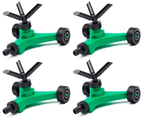 Tradineur - Pack de 4 Aspersores giratorios con 3 Brazos y Ruedas - Fabricado en Polipropileno - Área de riego 30 m², Cobertura 8 m², rotación 360º - Fácil de Usar - 14 x 19 x 16 cm