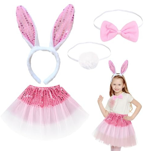 EUPSIIU 4 Pieces Kids Bunny Costume Pink Rabbit Dress Up Outfit with Bunny Ears Headband Animal Costume Set Cosplay Birthday Party Carnival Christmas Halloween Party Supplies(4 pcs)