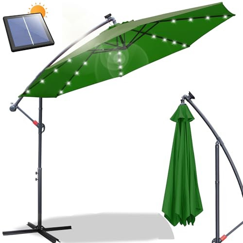 Daromigo Sombrilla de 300/350 cm con manivela | Sombrilla con soporte | Sombrilla de jardín, protección UV de aluminio | Sombrilla de mercado impermeable para jardín, Verde con LED Solar, Ø 350 cm