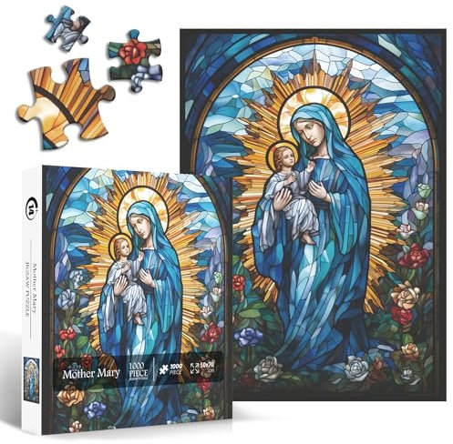 Stained Glass Puzzles for Adults 1000 Pieces and up, Mother Mary Jigsaw Puzzle as Wall Art Decor, PICKFORU Easter Puzzle as Home Decor